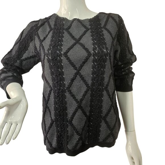 Worthington Black Embroidered Overlay Knit Top Women L 3/4 Slv Cotten Polly Blnd - Picture 6 of 6